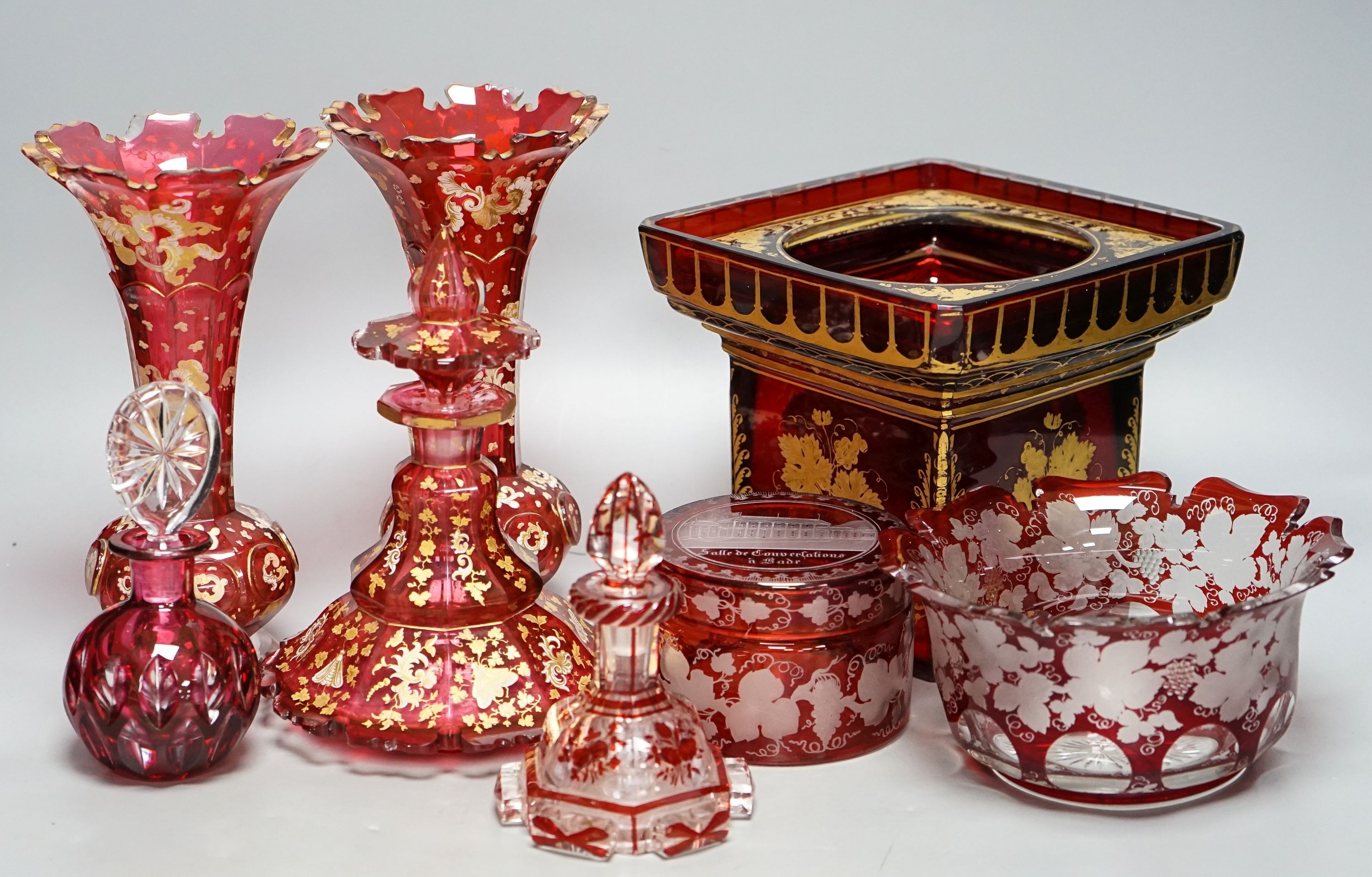 A group of 19th century Bohemian gilt-decorated ruby glassware etc.